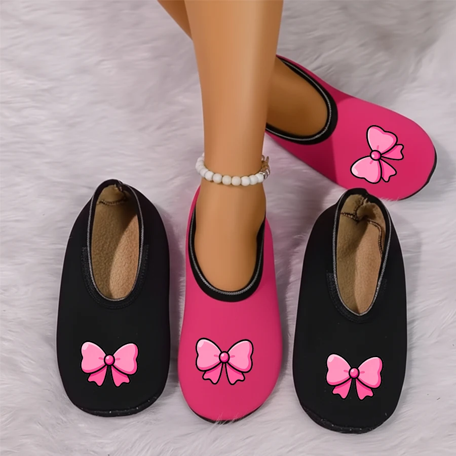 

Four season wearable women's elegant pink bow pattern printed velvet breathable high elasticity indoor floor slippers