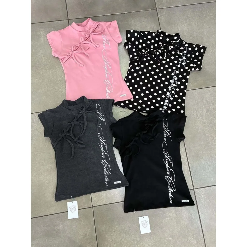 Y2K stand collar tie slim T-shirt sweet and spicy wind printed short sleeve pure desire wind commuting date Joker slim top.