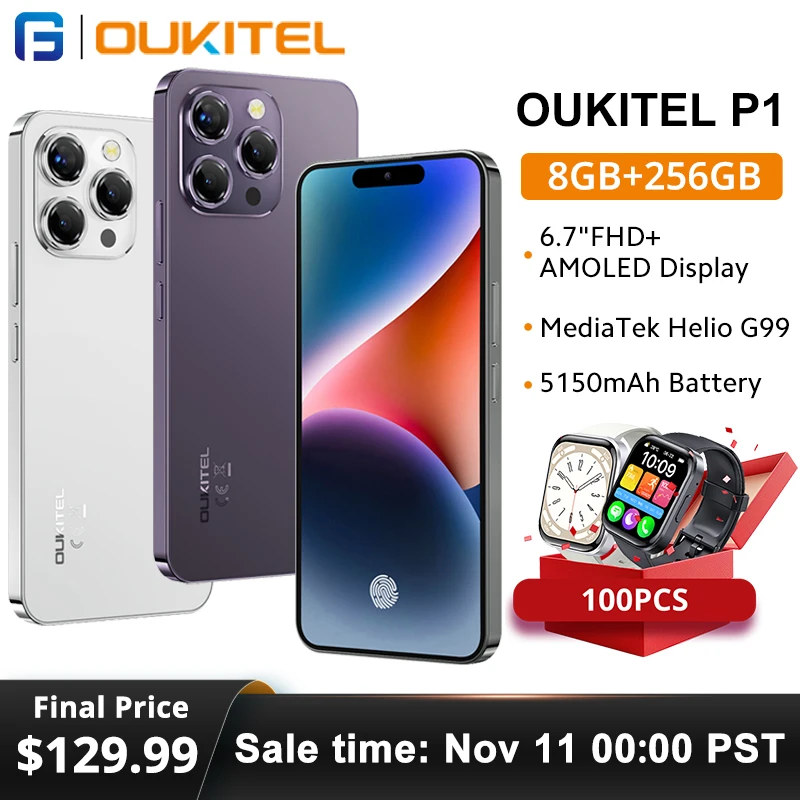 

OUKITEL P1 Smartphone Global Version 6.7'' AMOLED Display 8GB RAM 256GB ROM MTK Helio G99 Octa Core 50MP Rear Camera 5150mAh