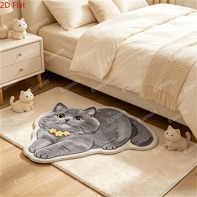 VIKAMA Chubby Grey Cat With Flower Necklace Shaped Mat 2D Tufted Print Non Slip Balcony Bedroom Irregular Decor Doormat Home