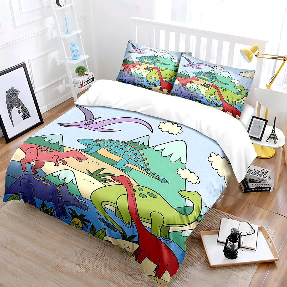 Colorful dinosaurs in natural scene Print Bedding Set 1 Duvet Cover 2 Pillowcases for Adult and Children Luxury Gift Full Size