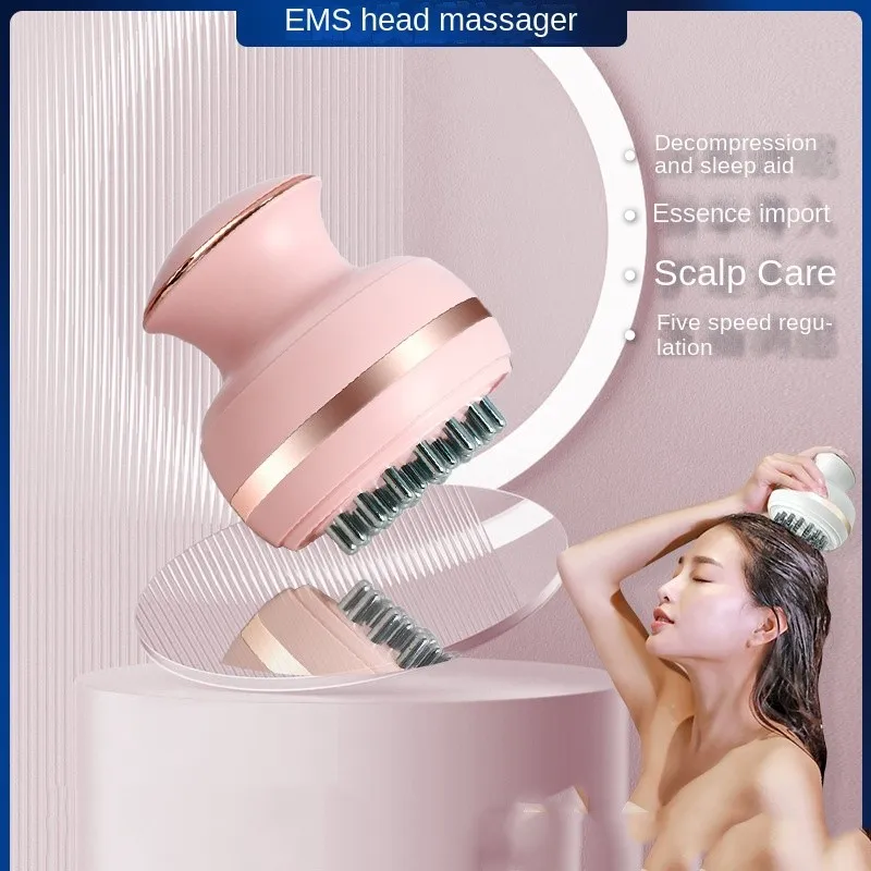 EMS electric head vibration massager, liquid introduction into hair comb for scalp care, head tendon unblocking device