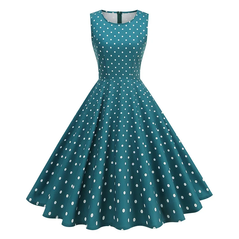 50s 60s Vintage Polka Dot Print Elegant Evening Party Dress Women Summer O-Neck Sleeveless Rockabilly Swing Tank Dresses