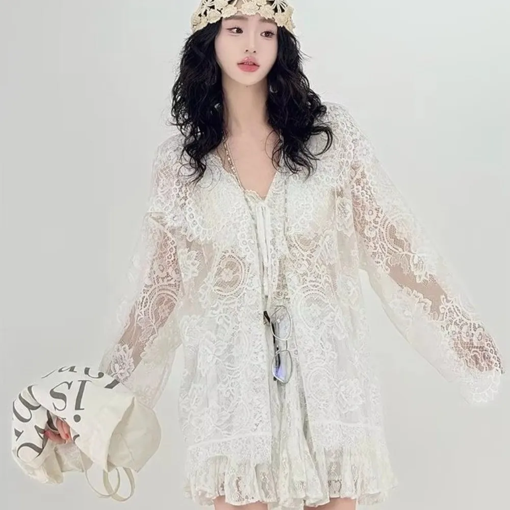 

Fashion Lace Embroidered Long Sleeve Cardigan Hollow Long Breathable Sun Protection irt Loose Fit Open Cardigan Women