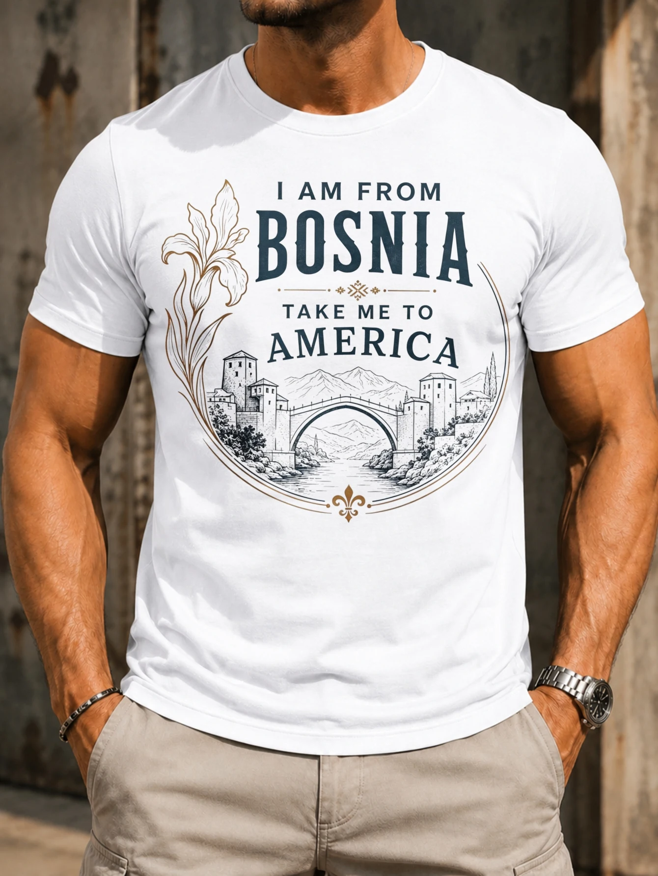 I Am From Bosnia Take Me To America Vintage Bridge Town Mountains Line Art Floral Border Style  Unisex All T-Shirt