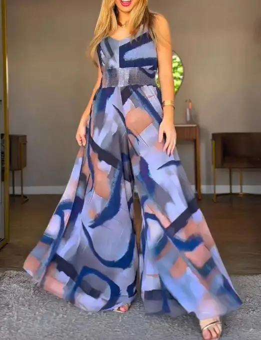 بذلة نسائية عتيقة مطبوعة تجريدية على شكل حرف v أشرطة سميكة عالية الخصر بدون ظهر وزرة غير رسمية بخصر عريض بذلة واسعة الساق