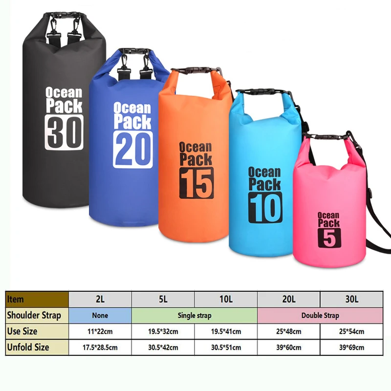 Borsa impermeabile in PVC Borsa impermeabile per riporre la compressione per immersioni all'aperto Borsa impermeabile per uomo Donna Nuoto Rafting Kayak 2L 5L 10L 20L