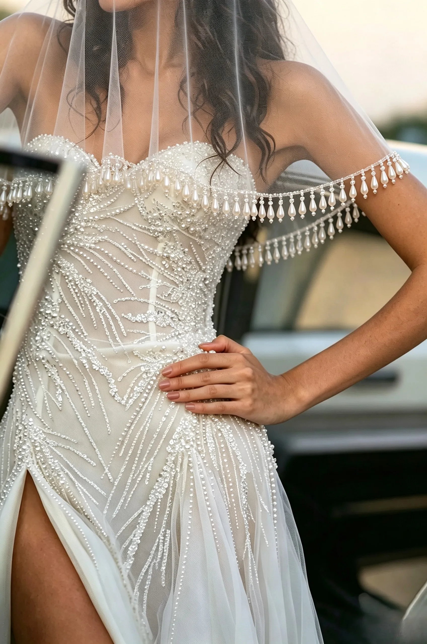 2 Tier Pearl Beaded Tassel Edge Wedding Veil With Comb Short Shoulder Length Tulle Minimalist Blusher Bridal Accessories G201A