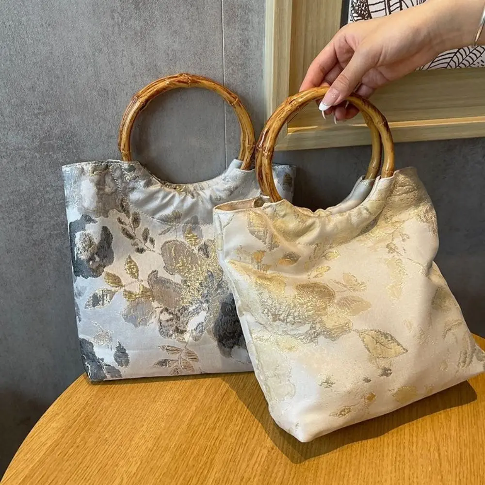 Chinese Style Jacquard Handbag Lightweight Floral Floral Fabric Top Handle Bag Top Handle Bamboo Circle Handle Handbag