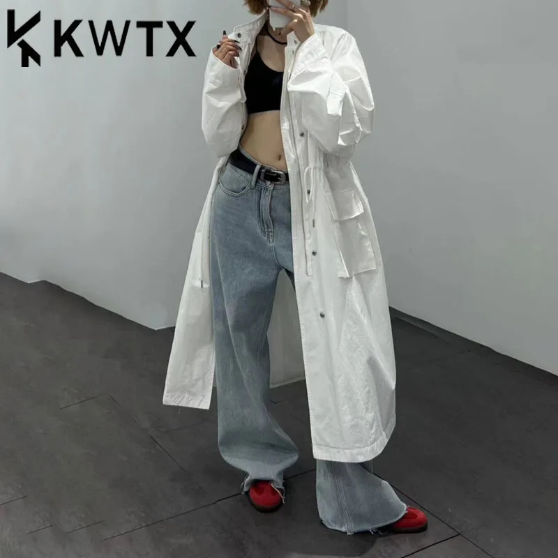 

KWTX Women’s Lightweight Trench Coat Spring Summer 2025 Belted Waist Stand Collar Zipper Pockets Casual Elegant Chic Designer