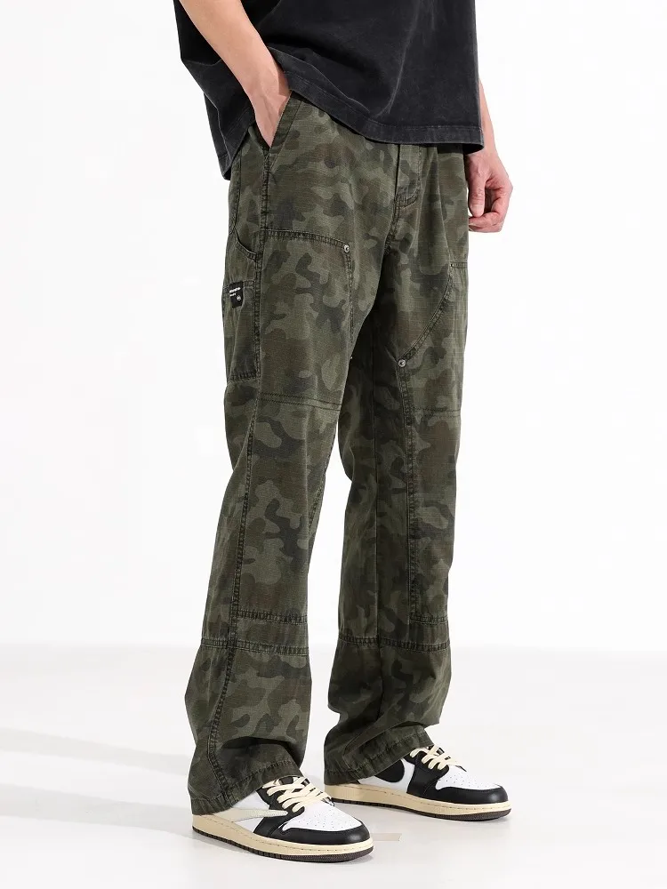 

Винтажные американские камуфляжные рабочие брюки, мужские летние тонкие дышащие прямые повседневные длинные брюки, свободный крой, хлопковые молодежные Fa...