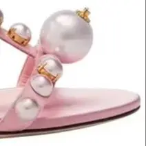 Pink Pearl Bling Bling T-Strap Women Sandals Pink Cute Low Heels Flat Sole Summer Sandals Slingback Fashion Bling Bling Shoes view 2