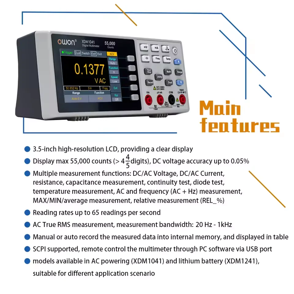 OWON XDM1041/XDM1241 Bench Digital Multimeter 4 1/2 Digits True RMS Current Voltmeter Temperature 3.5
