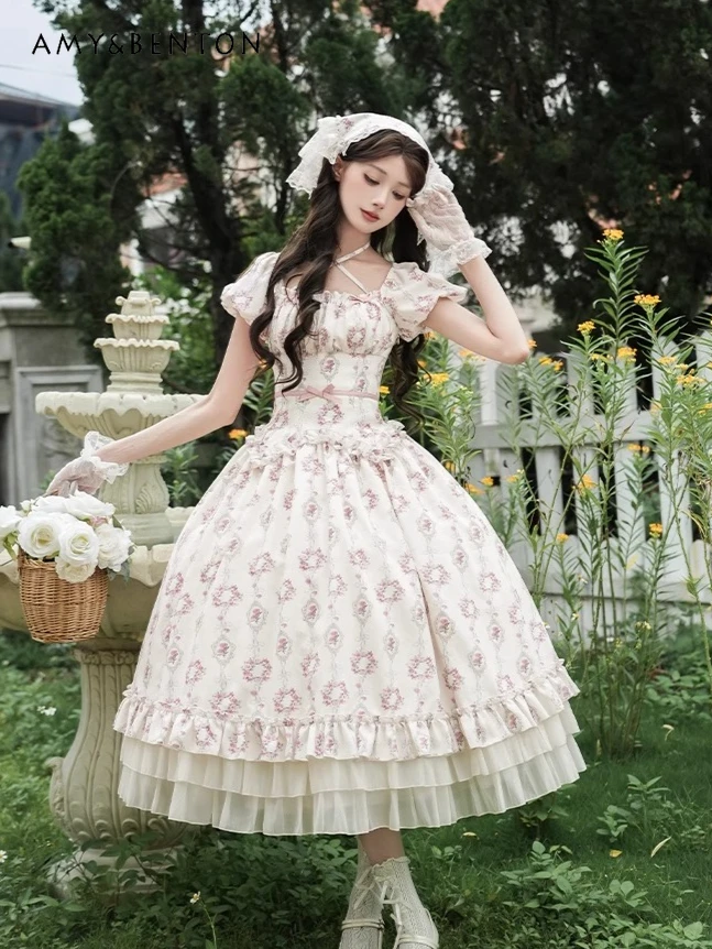 

Pastoral Style Elegant Princess Dresses Sweet Flower Print Lolita Tutu Dress Halter Bubble Sleeve Slim OP Dress for Women Summer
