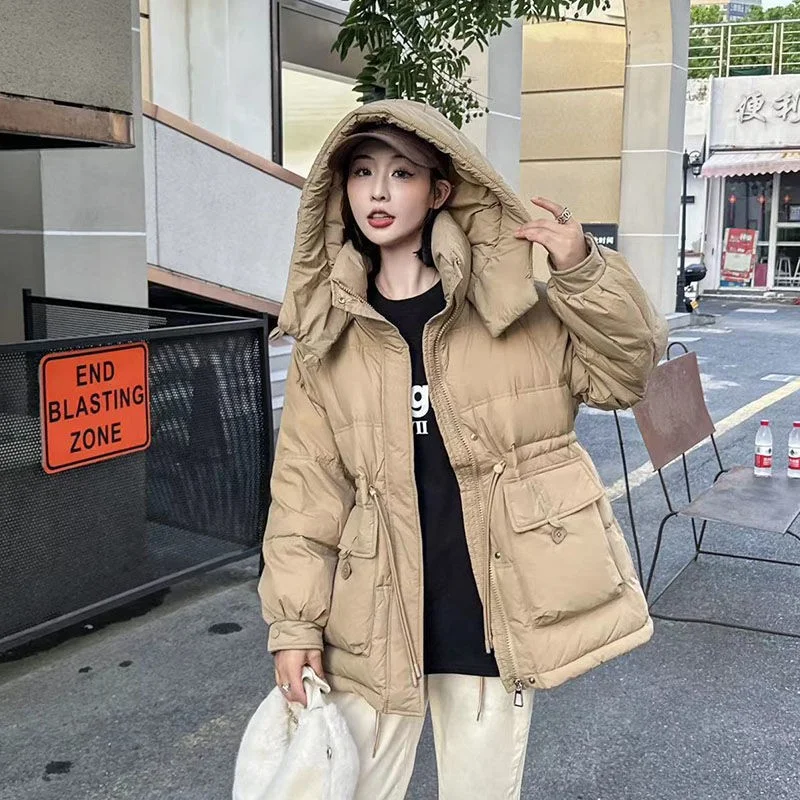 Women's Mid-Length Hooded Puffer Jacket Female Winter Coat Korean Loose Warm, Thick Outerwear, Windproof Coats, Down, New, 2024