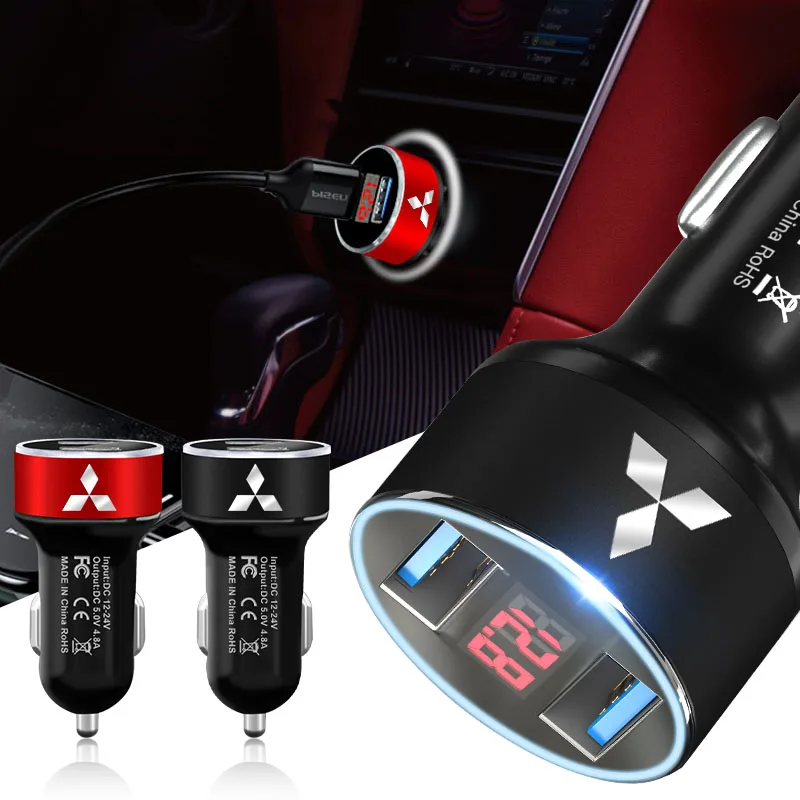 Auto-Ladegerät, USB-Anschlüsse, schnelles Aufladen, digitales Display, Auto-Ladegeräte, Emblem für Mitsubishi Lancer ASX Mirage Pajero Xpander Attrage