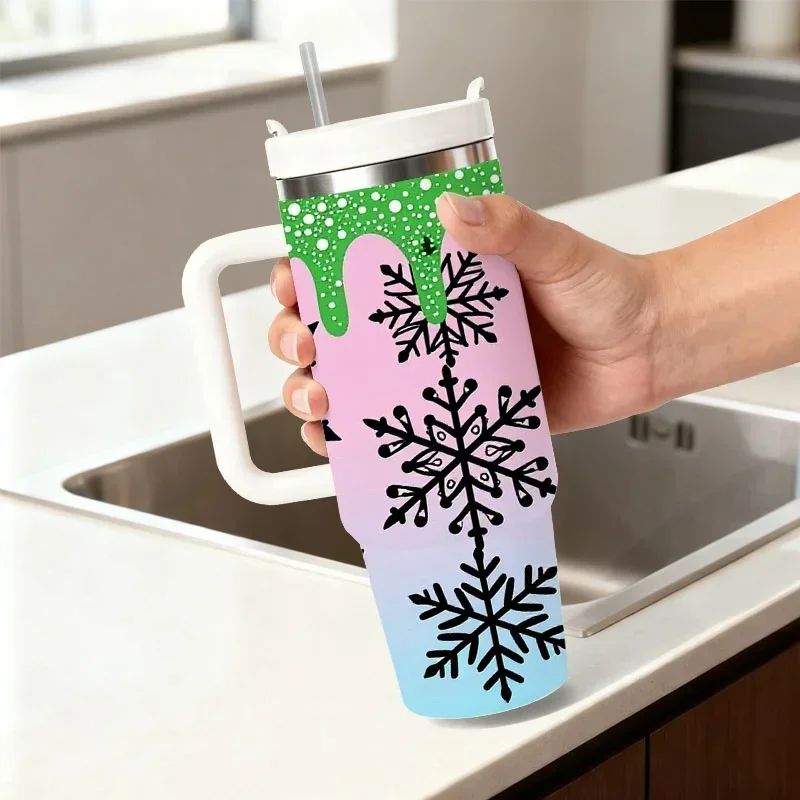 Whimsical Winter Snowflake Digital Print 40oz Stainless Steel Insulated Tumbler, Gradient Pink to Light Blue Design with Festive Drip Details, Reusable Heat & Cold Retention Cup for Daily Sips, Commutes & Outdoor Use