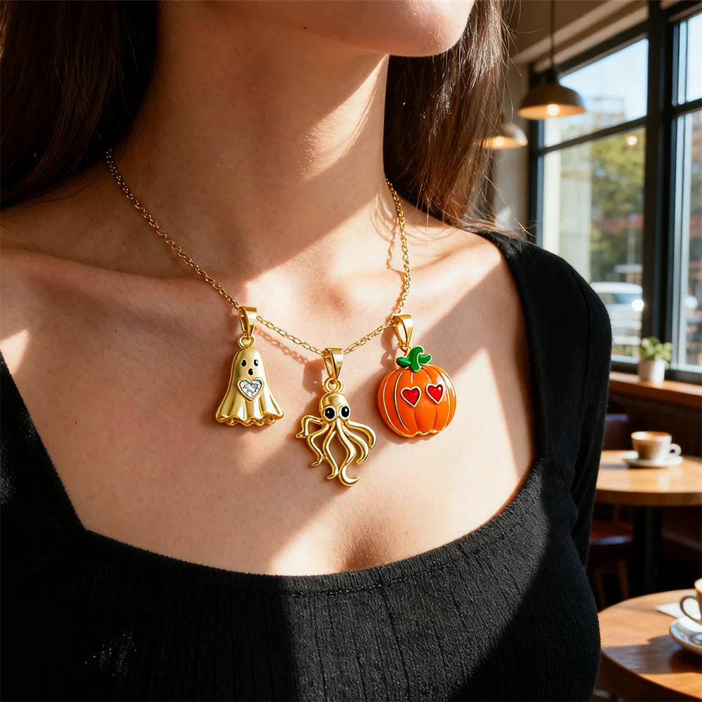 3Pcs Pendant Brass Cubic Zircon Enamel Halloween Pumpkin Ghost Octopus Charm DIY Jewelry Necklace Bracelet Fashion Accessories