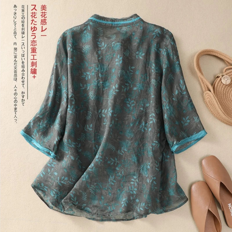 Chinese Style Women\'s Shirt Summer Cotton Linen Vintage Blouses Prints Clothing Loose Short Sleeve Women Tops