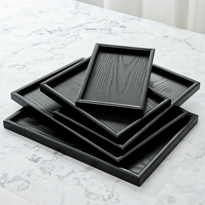 Japanese Style Black Rectangular Solid Wood Tea Tray, Japanese Cuisine Set, Afternoon Tea Dessert Tray, Retro Tea Set Tray