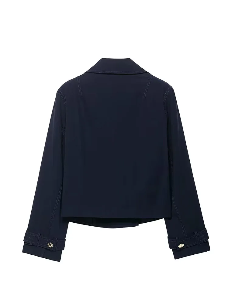 Hh feminino outono high street jaquetas sólido turn-down colarinho bolsos duplo breasted moda feminina mangas compridas casacos 2025