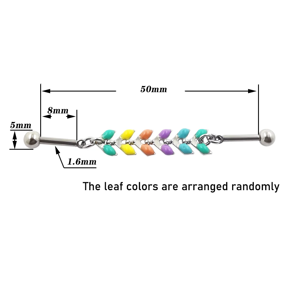 JHJT 14G Leaf Industrial Piercing Barbell Stainless Steel Colorful Cartilage Earring Industrial Chain Jewelry Color Random