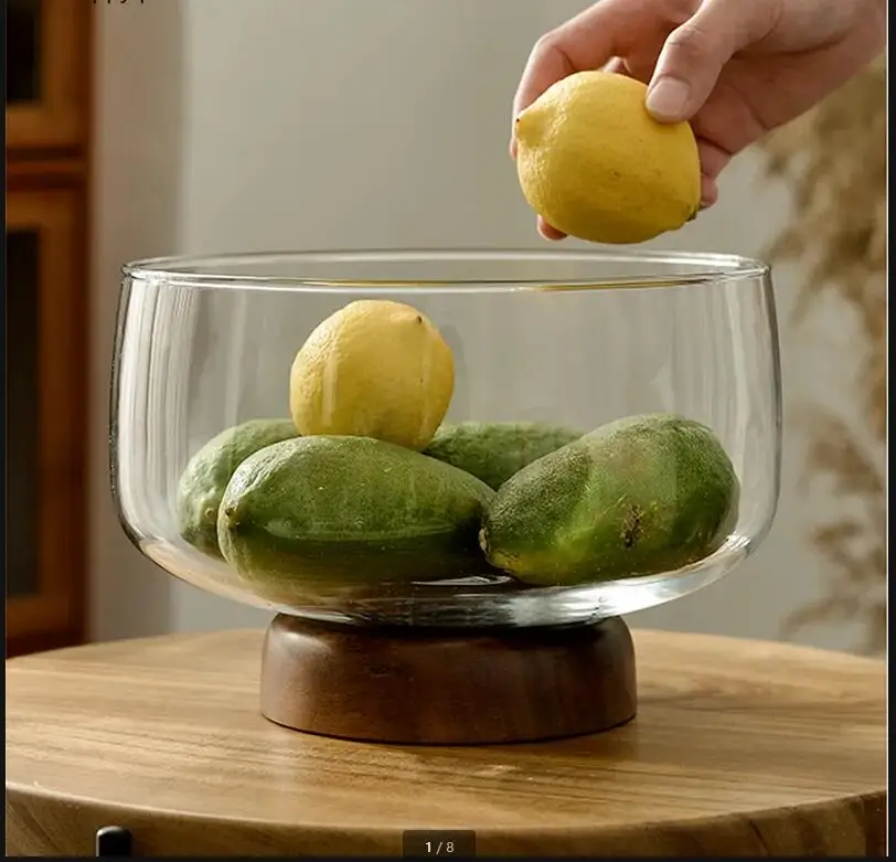 

Clear Glass Plate Wooden Bottom Tall Feet Round Fruit Salad Bowl Dessert Candy Snacks Tray Dried Plates Dish