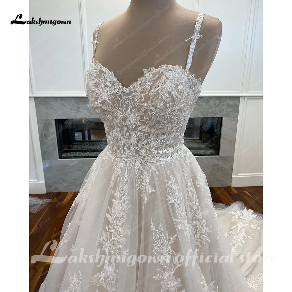 Gorgeous Spaghetti Strap Wedding Dress Modern A-line Sweetheart Lace Applqiue Bridal Gown Elegant Long Tulle Bride Dresses