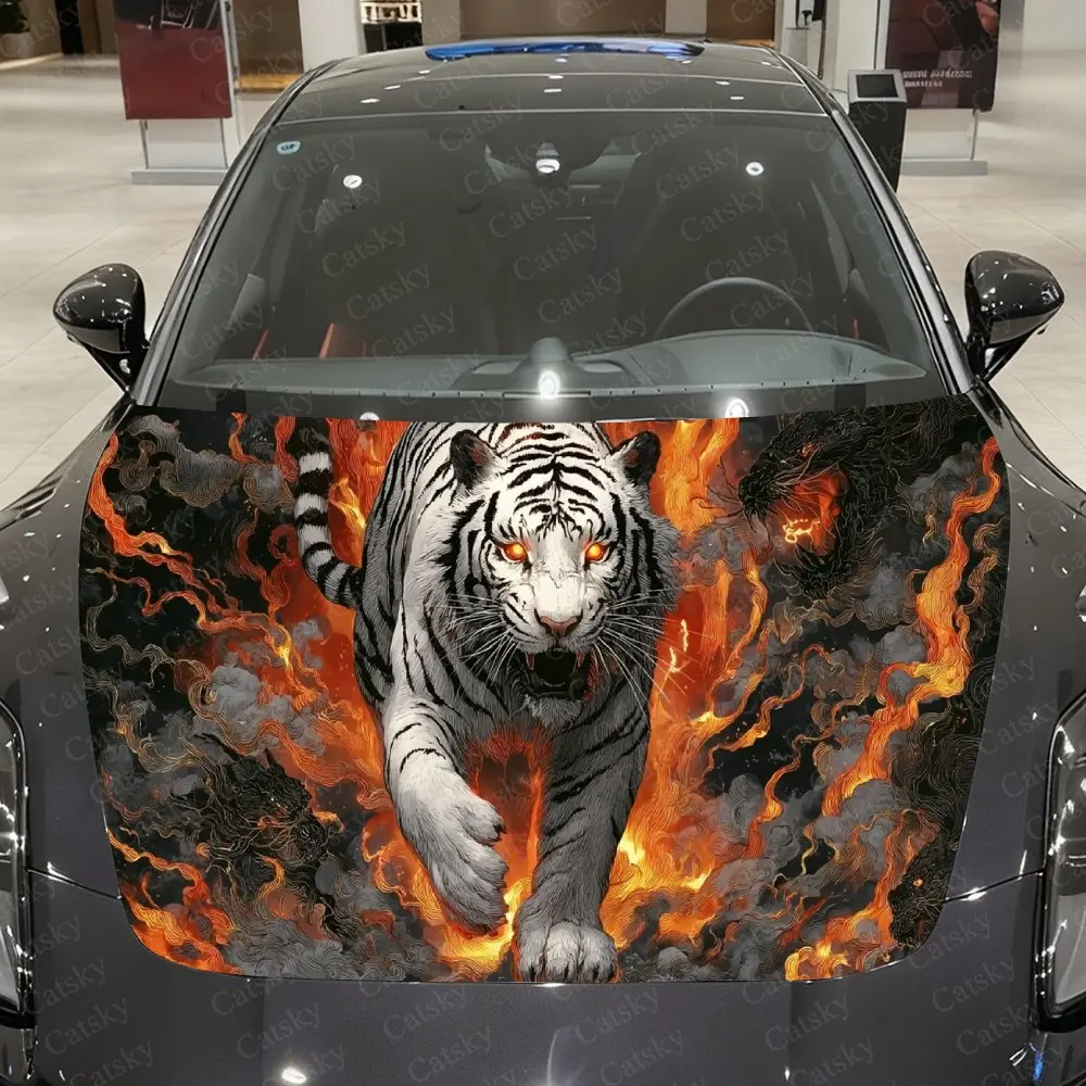 

Flame-Enveloped White Tiger Car Vinyl Wrap, PVC Material Waterproof Car Hood Sticker, Self-Adhesive Scratch-Resistant Stickers f