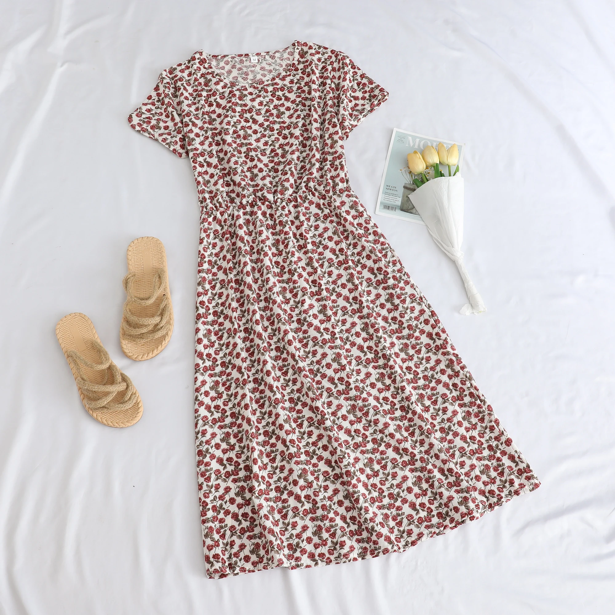 

Floral Print Midi Dress for Mom Summer New Fashion plus Size Women's Clothing Slimming A-Line Skirt Polyester Fiber round Neck