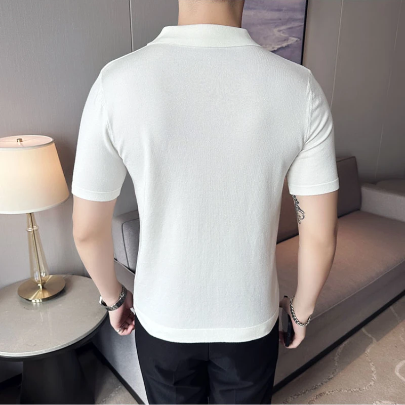 High-End Men's Ice Silk Knitted Short-Sleeved Polo Shirt with Lapel, Slim Fit and Breathable for Golf and Casual Wear