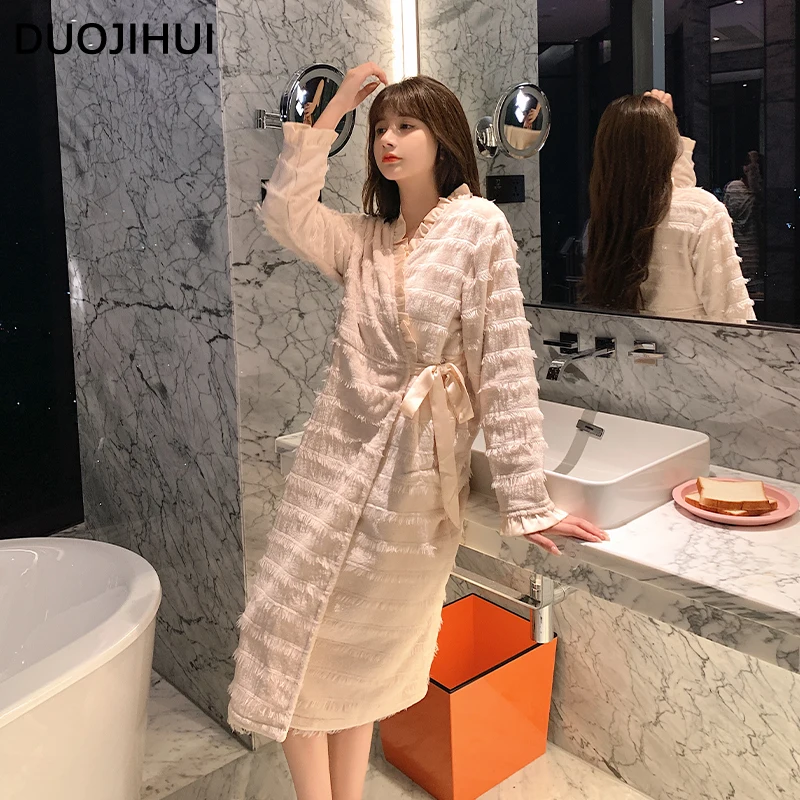 DUOJIHUI Solid Color Winter Flannel New Women Pajamas Loose Simple Thick Warm Chicly Pace-up Fashion Cardigan Female Nightgowns