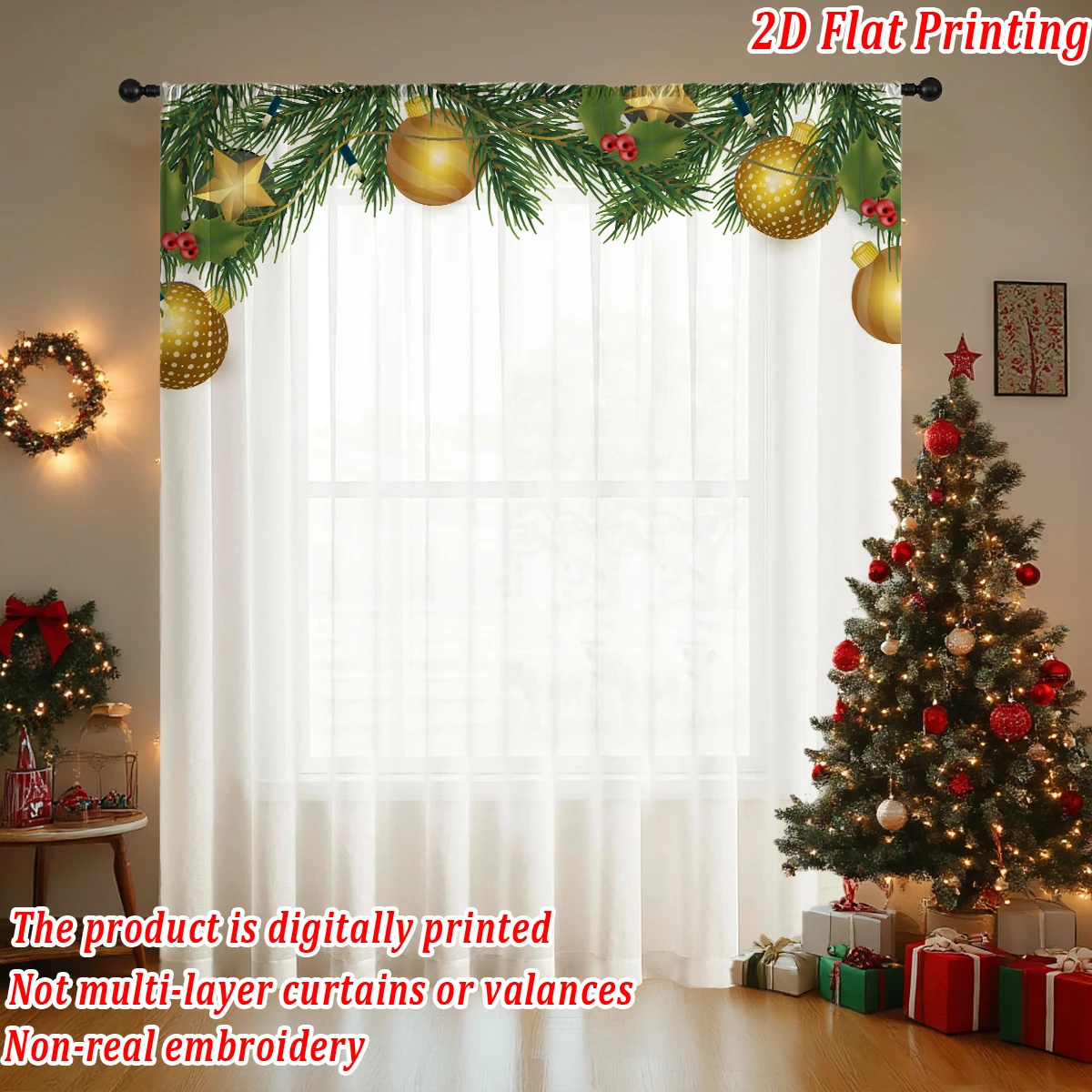 Cortina transparente con estampado plano de Navidad con bola navideña, ramas de pino de visco para decoración de sala de estar y dormitorio, fiesta navideña