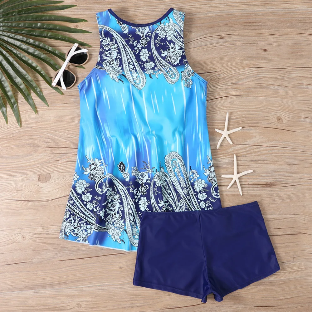 스포티 래쉬가드 탱키니 투피스 통기성 및 빠른 건조 여성용 운동 수영복 여름 블루 반바지 슈트 휴가용 탱키니
