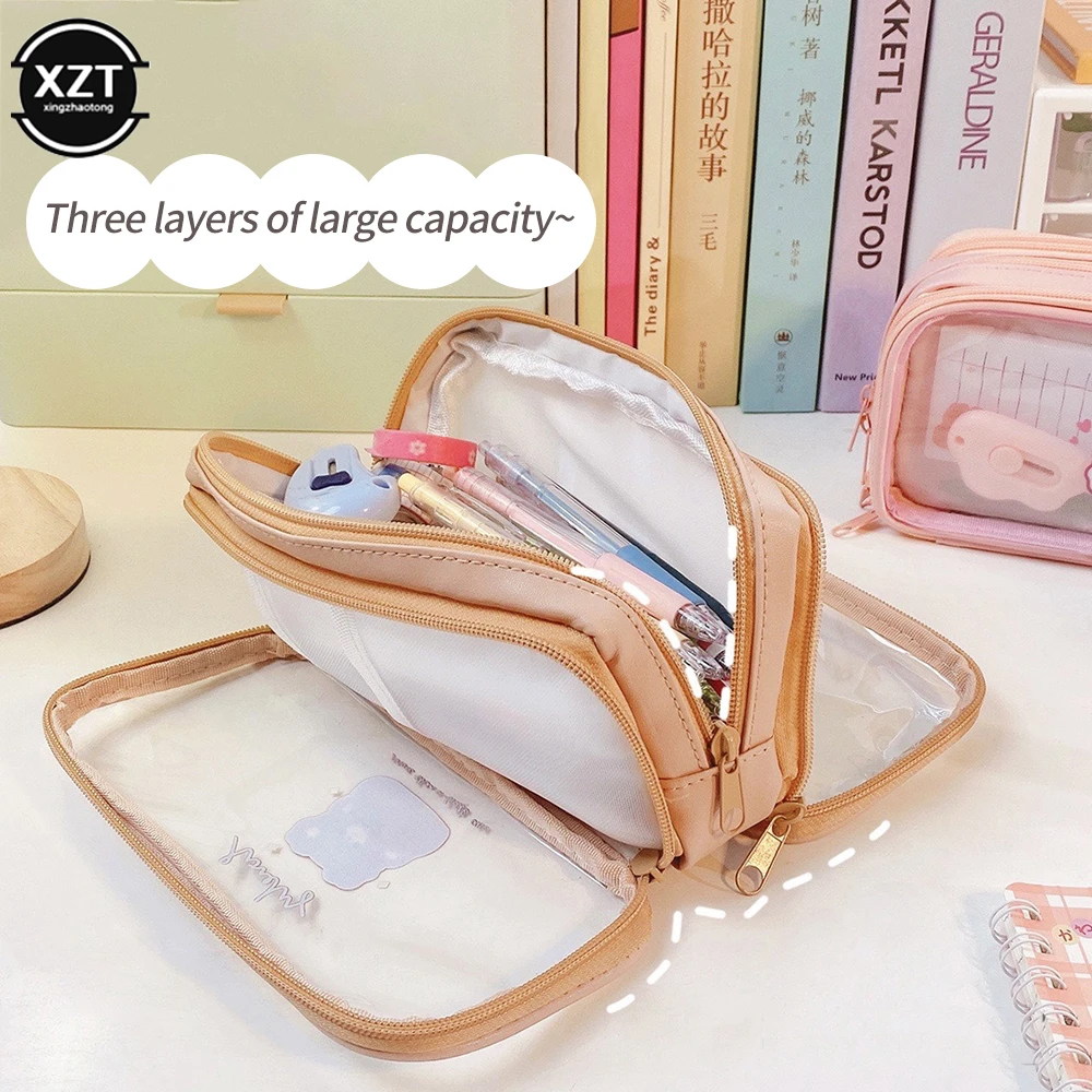 Three Layers Cute Pencil Bag Transparent PVC Student Cartoon Pencil Case Large Capacity Kawaii Bag Korean style Stationery