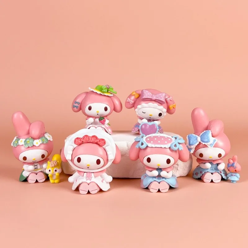 산리오 마이멜로디 티파티 시리즈 블라인드 박스 트렌디 장난감 멜로디 타이 액션 피규어 데스크탑 피규어 장식품 컬렉션 오너먼트