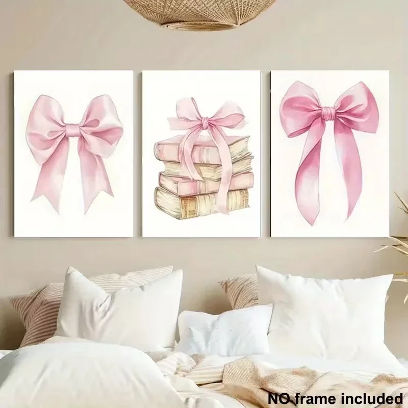 Large-sized frameless 3pcs   Minimalist Fashion Pink Bow Canvas Picture Wall Art Nordic College Style Poster for Girls, Child