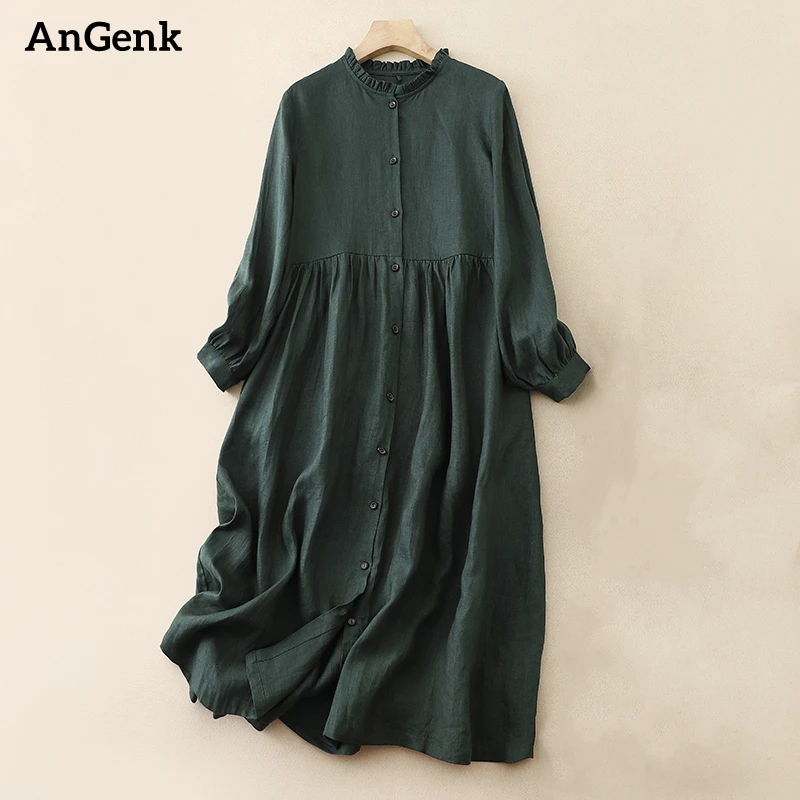 Spring Autumn Cotton Vintage Dresses For Women Casual Elegant Dress Long Sleeve Korean Style Office Lady Work Fashion Clothing