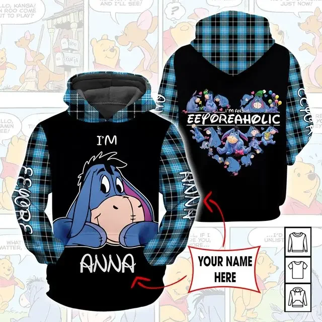 Eeyore Winnie the Pooh Unisex Cartoon Graphic Hoodie, 3D Zipper Hoodie, Nome personalizado, Moda, Retro