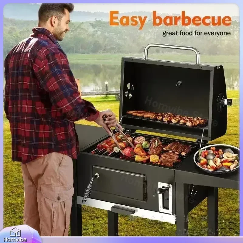 

Large Charcoal Grill Outdoor Barbecue Grill with Wheels Portable Smoked BBQ Grill Thickened Steel BBQ Stove for Camping Party