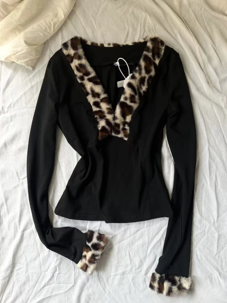 

Aesthetic Vintage Sexy Slim V-neck Tops Women Gothic Chic Long Sleeve Leopard Print T-Shirts Female Hot Chick Retro Skinny Top