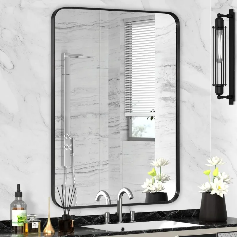 Wall Mount Mirror for Bathroom, Brushed Black Metal Framed Rounded Corner Rectangular Vanity Mirror (24