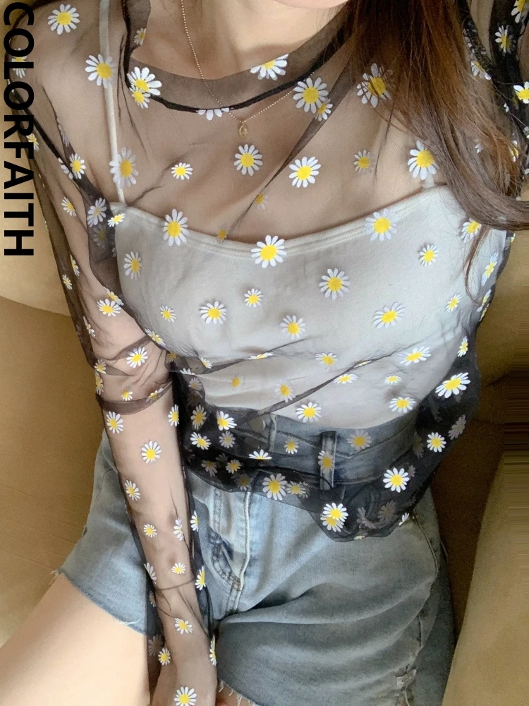 Colorfaith BL6006DG New 2023 Little Daisy Shirts Transparent Vintage Floral Fashion Elegant Women Spring Summer Blouses Tops