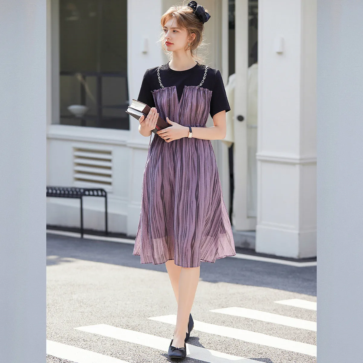 LOUISYAO Beaded Chain Contrast Color Dress Women 2025 Summer Fake Two Piece Round Neck Long Dress Casual Streetwear Outfits