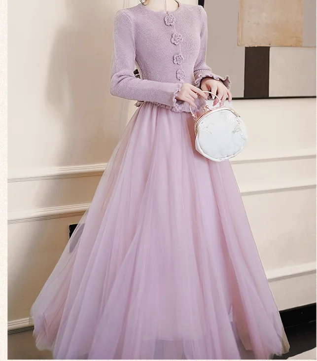 Французский романтический фиолетовый трехмерный вязаный топ с длинными рукавами и цветочным принтом, осенняя модная газовая универсальная юбка с высокой талией для девочек