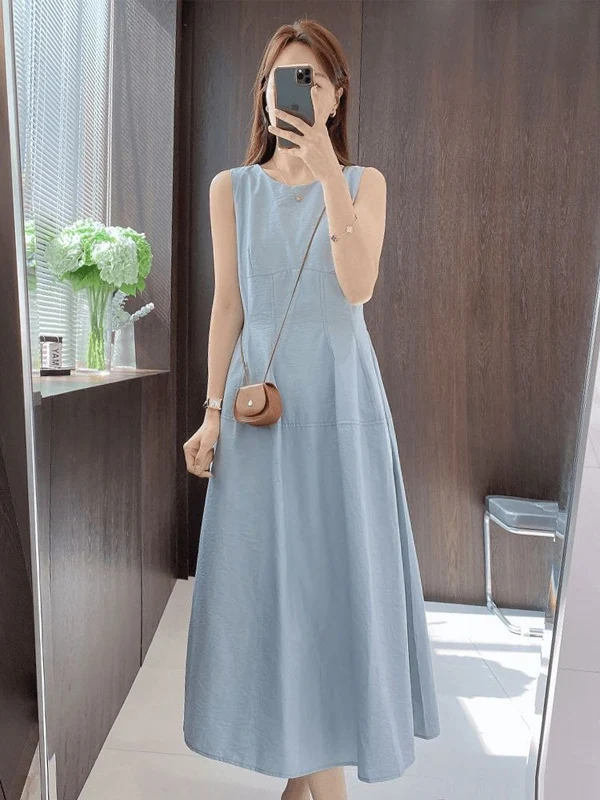 

Элегантное летнее платье-жилет без рукавов в корейском стиле, длинная юбка для женщин, модное, приталенное, с круглым вырезом, для чаепития, цветное