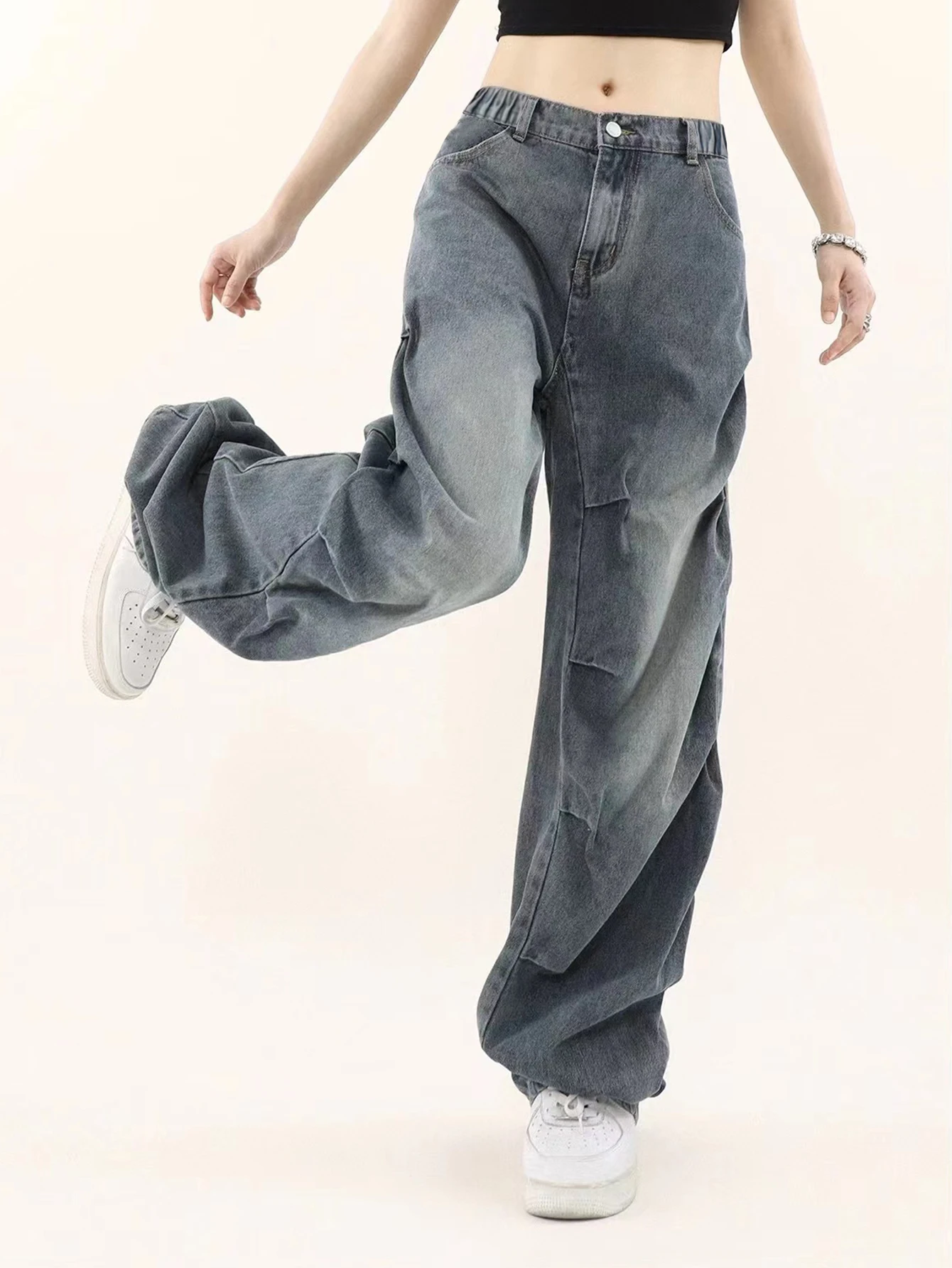 

Vintage-style pleated trendy long straight-leg loose casual wide-leg washed denim jeans for girls