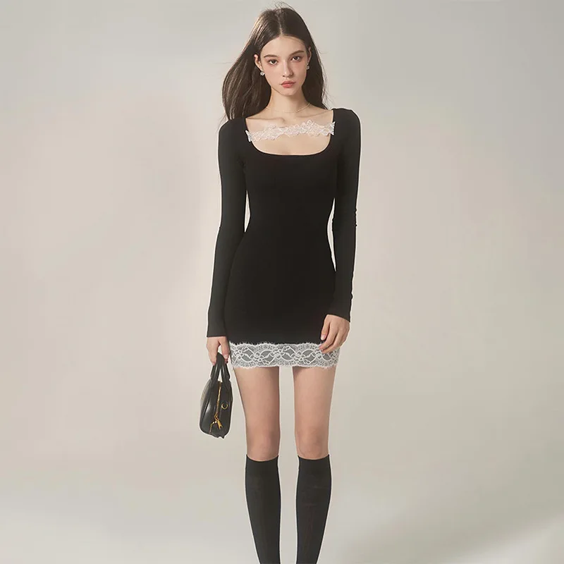 

2025 Spring and Summer New Solid Color Crew Neck Lace Splicing Slim Short Dress