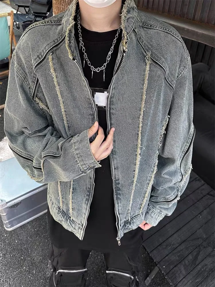 

Мужская джинсовая куртка Street Sle с рваными элементами, потертостями и молнией, винтажный стиль, деструктивный дизайн, крутая, для пар, Haome