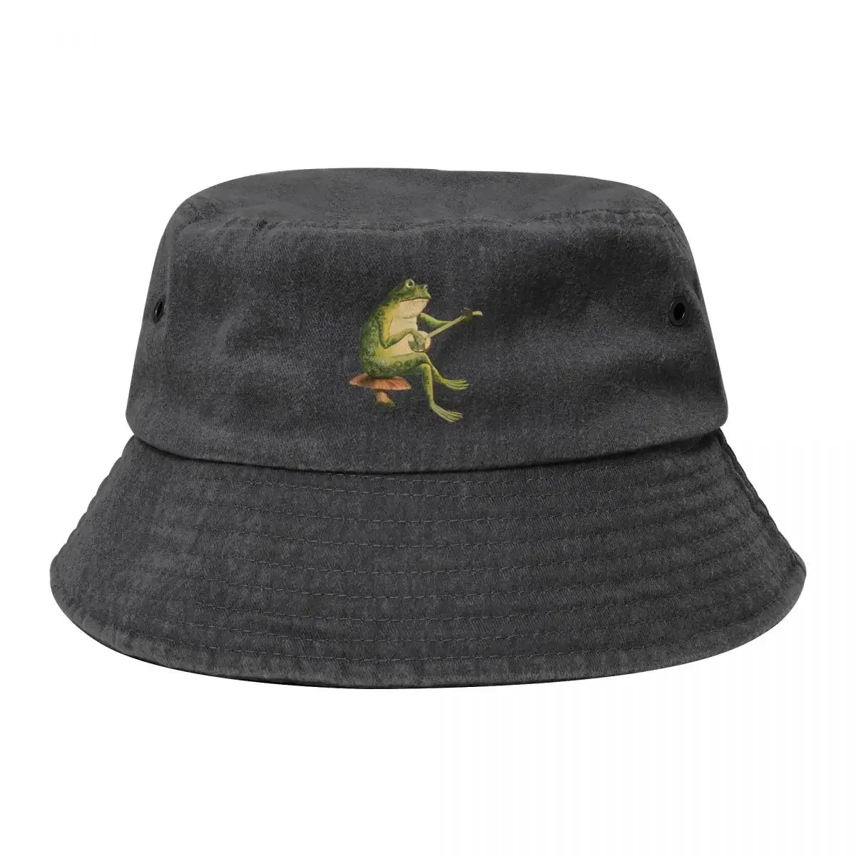 Melancholic Vintage Frog: Banjo Player on Mushroom Toadstool, Cottagecore and Goblincore Aesthetics with Edgy Grunge Bucket Hat